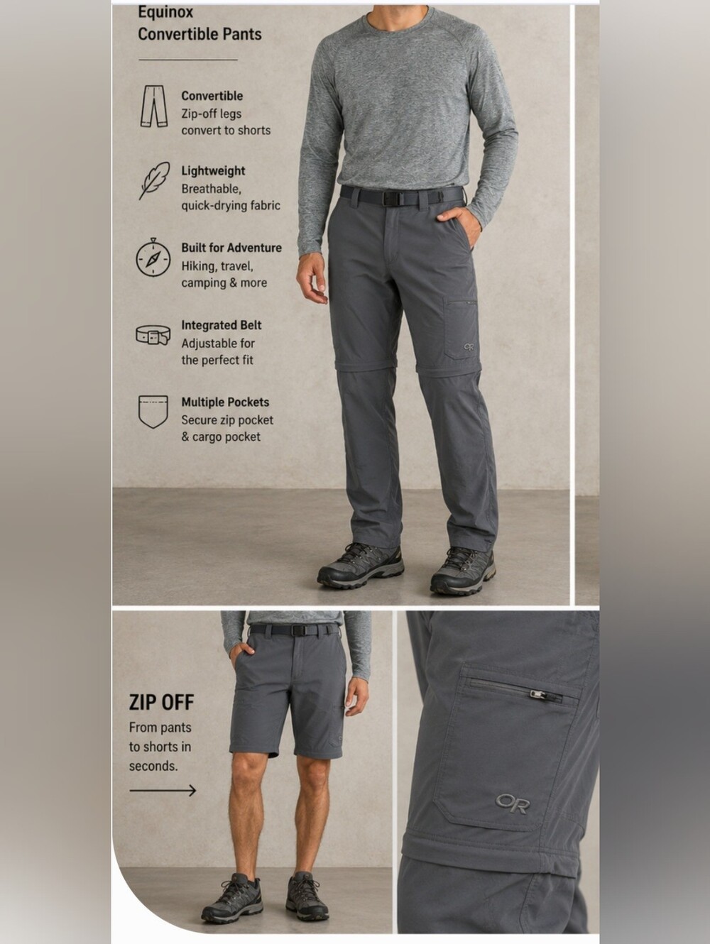 Outdoor Research Equinox Convertible Hiking Pants Men’s 32 Gray Zip Off
